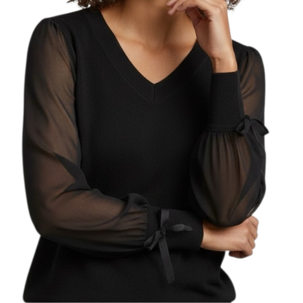 Unique Black V-Neck Knit Sweater with Sheer Chiffon Tie Cuff Sleeves Size Large